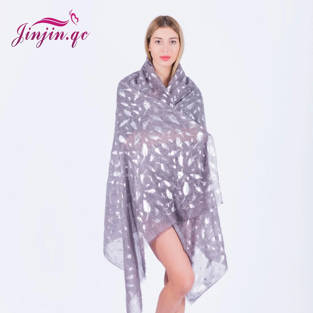 Jinjin.QC 2019 Spring Fashion Scarf Silver Feather Printed Scarves and Wraps Echarpe Foulard femme Hijab Drop Shipping