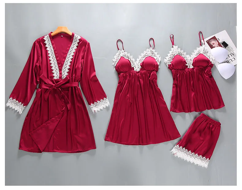 Queenral 4PCS Pajamas Set Satin Sleepwear Female With Chest Pads Long Sleeve Summer Home Clothing Pijama Nightwear Robe Pyjamas4
