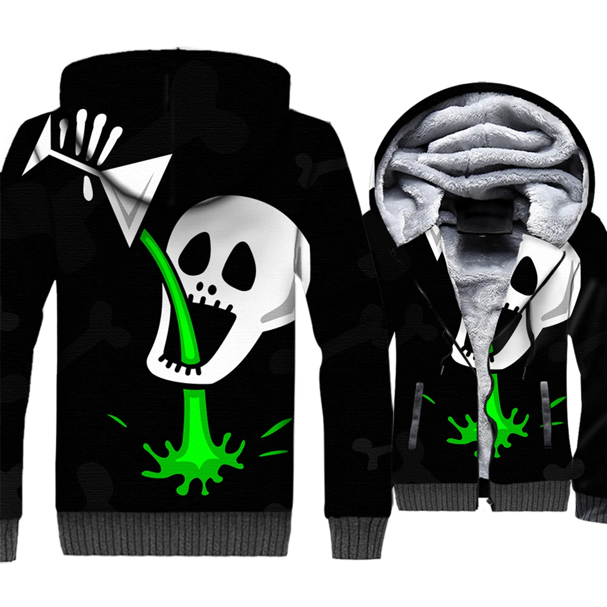 

Funny Unique Creative Skull Drink Jacket 3D Print Hoodie Men Black Hooded Sweatshirt Winter Thick Fleece Warm Hipster Coat Mens