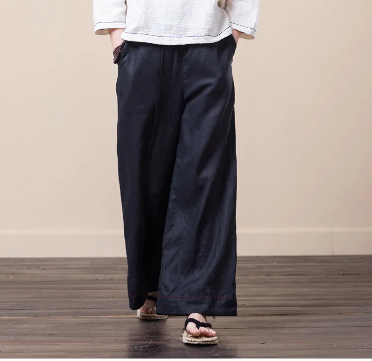 LZJN Women Culottes Wide Leg Pants 2019 Summer Long Trousers Elastic Waist Pockets Solid 5 Colors 100% Linen Pants Loose Bottoms (38)