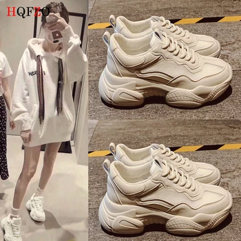 

HQFZO Pantshoes Comfy Breathable Mesh Trainers Chunky Heels 5cm Women's Platform Sneakers Women Shoes Casual Female Shoes