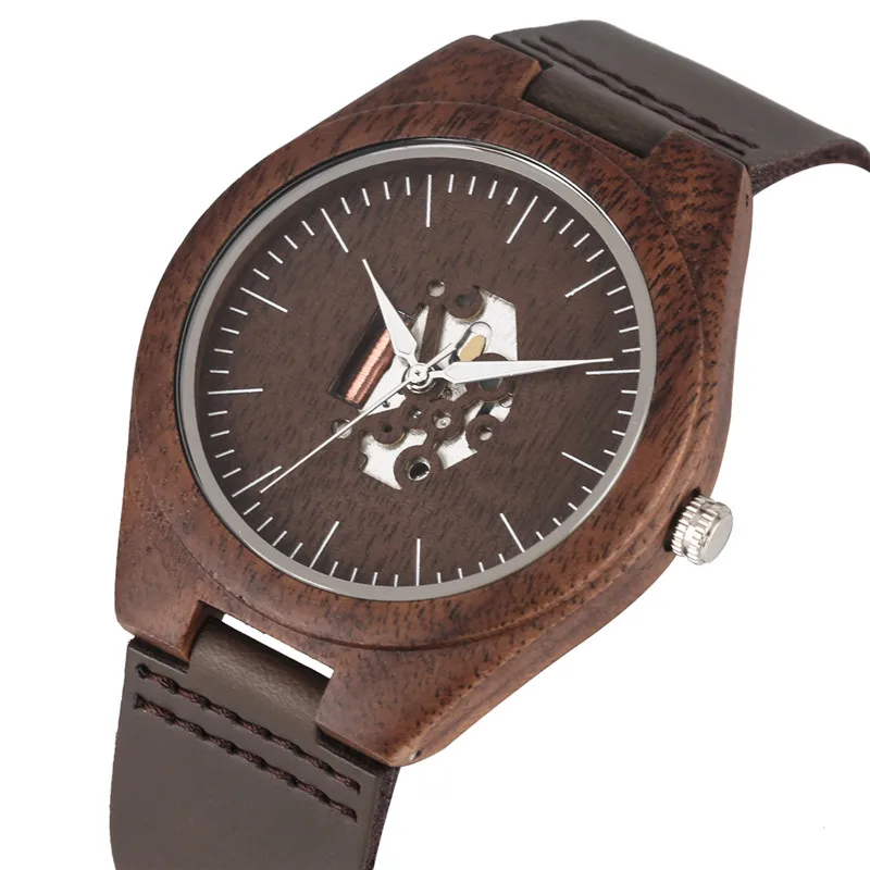 

Timekeeper Handmade Walnut Wooden Quartz Watch Movement for Women Men Hollow-out Dial Wristwatch Leather Strap Wooden Watches