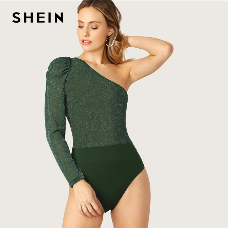 

SHEIN Glamorous Green One Shoulder Glitter Mesh Puff Sleeve Plain Bodysuit Women Summer Mid Waist Skinny Solid Elegant Bodysuits