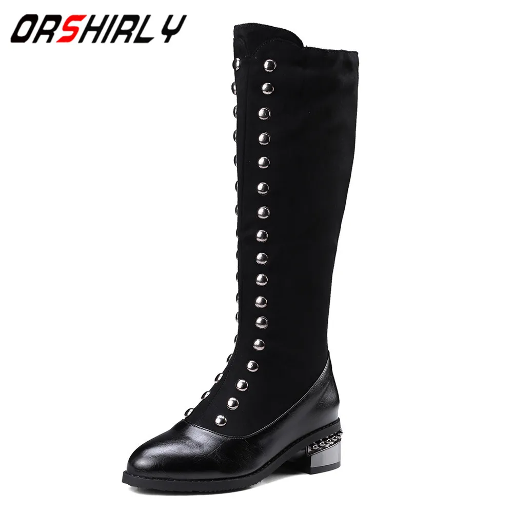 

Orshirly Fashion knee-High women boots Pointed Toe Rivet Zipper Metal Decoration PU Black large size 35-48 women shoes