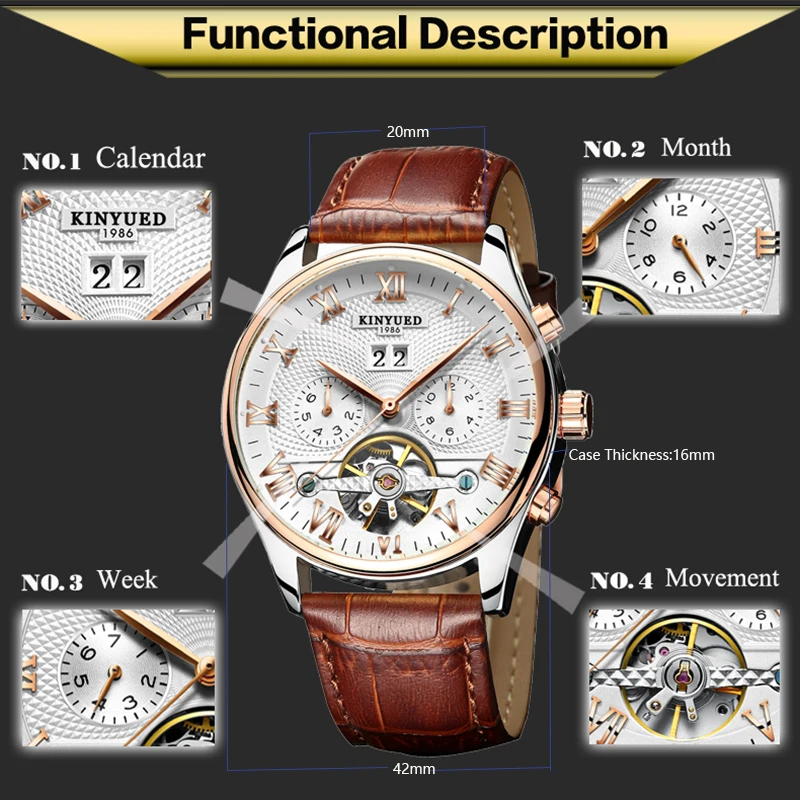 KINYUED Esqueleto Tourbillon Reloj Mecánico Automático de Los Hombres Clásicos de Oro Rosa de Cuero Relojes de Hombre Reloj de Pulsera Mecánico 2017 - 4