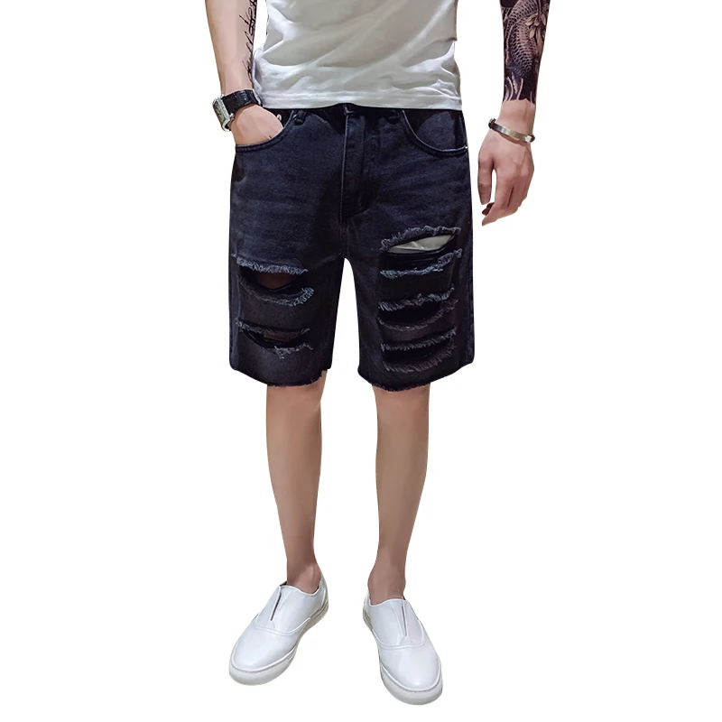 Новинка, мужские прямые джинсы с дырками, повседневные брюки для джентльменов, красные модные брюки с пятью точками