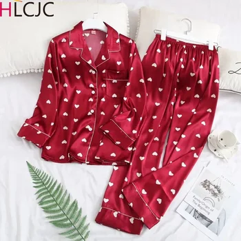 

2019 Women Pajamas Satin pyjamas women Sexy Sleepwear Spring Casual Hearts Print Pijama Mujer 2 Pieces Sets Long Sleeve