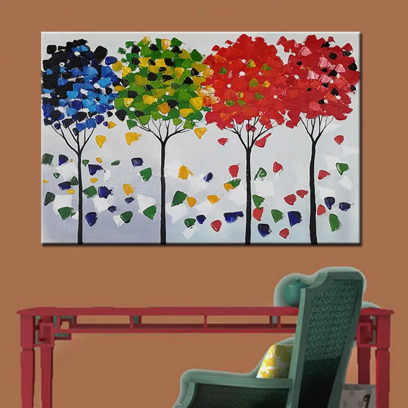 

Hand Painted Abstract Landscape Oil Paintings on Canvas Large Knife Blue Green Red Trees Scenery Pictures Home Decor Wall Art
