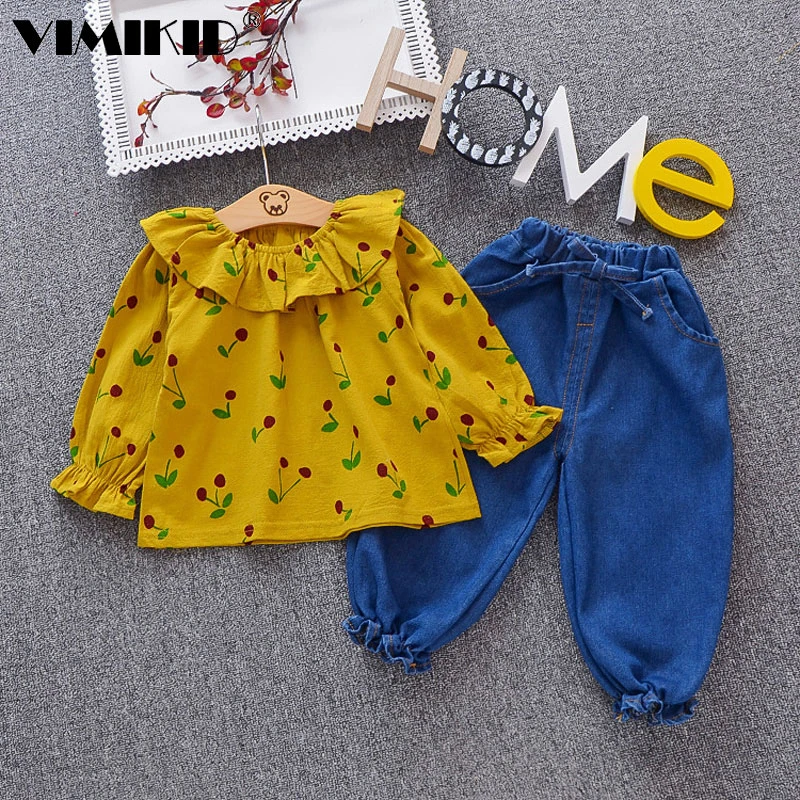 VIMIKID2019, осенний комплект одежды для девочек, рубашка с длинными рукавами и джинсы комплект из 2 предметов, одежда принцессы с рисунком вишни для маленьких девочек