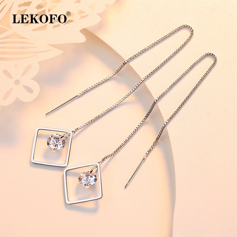 

LEKOFO New Korean Fashion Long Tassel Drop Earrings Ear Line Threader Square Crystal 925 Sterling Silver Earrings Women Jewelry