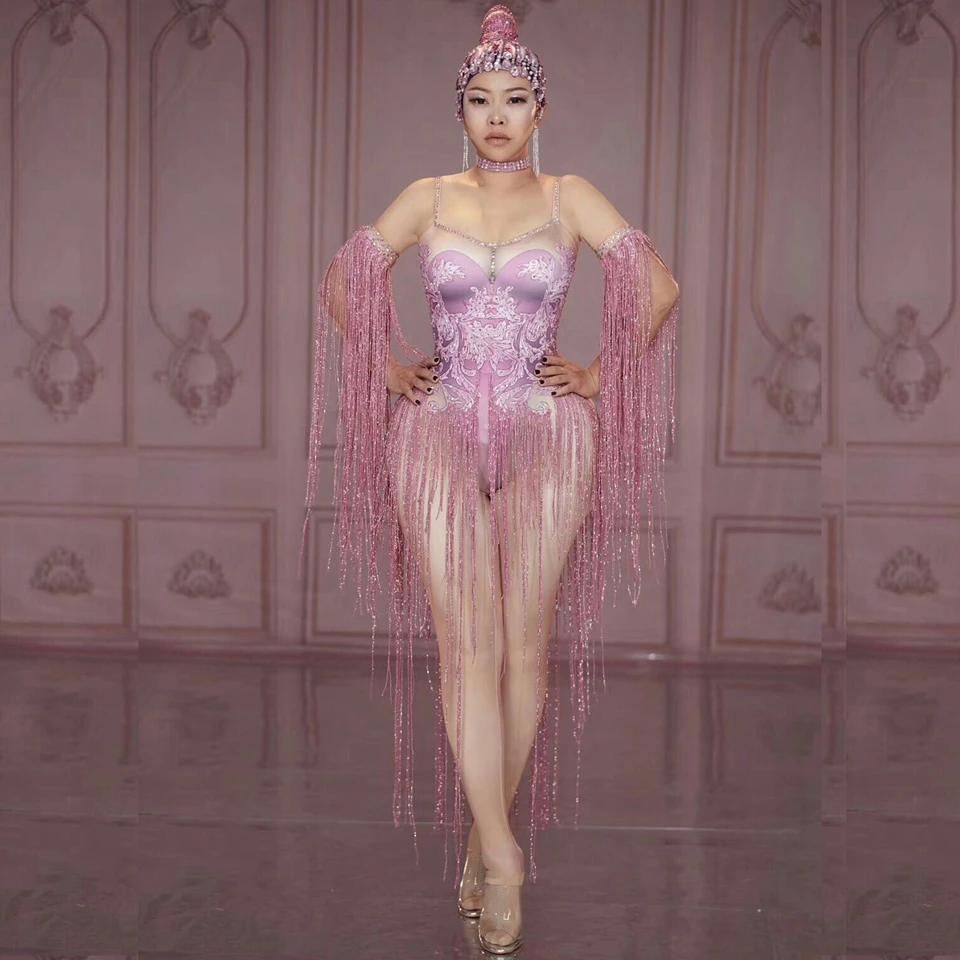 Shining Fringes Rhinestone Jumpsuit Female Singer DJ Sexy nightclub Stage bodysuit Show Performance Dance Costume Tassel Leotard |