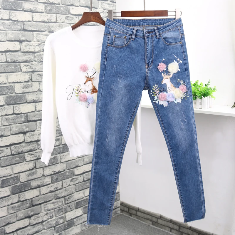 

2018 Autumn Two Pieces Women Set Flowers Sweater + Jeans Set Stretch Denim Pant Woman Pant Suit Sets Outfits Jumper WS125