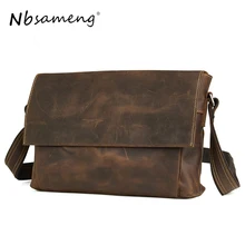 NBSAMENG Men Genuine Leather Messenger Bags Man Vintage Shoulder Bag Business Tote Briefcases Cow Crazy Horse Leather Handbag