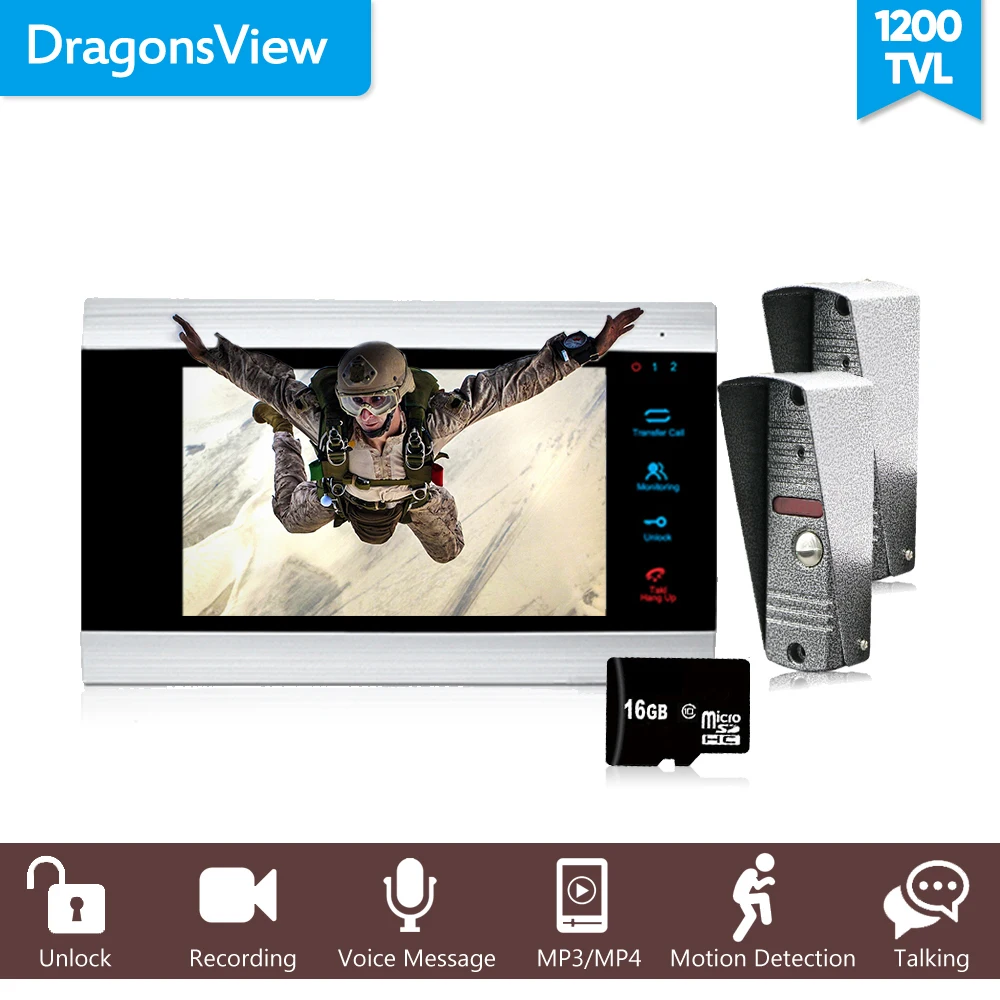 

Dragonsview Video Door Phone Doorbell Intercom System 1 Monitor 7 Inch Intercom Customized Ringtone 2 Wired Outdoor Doorbell