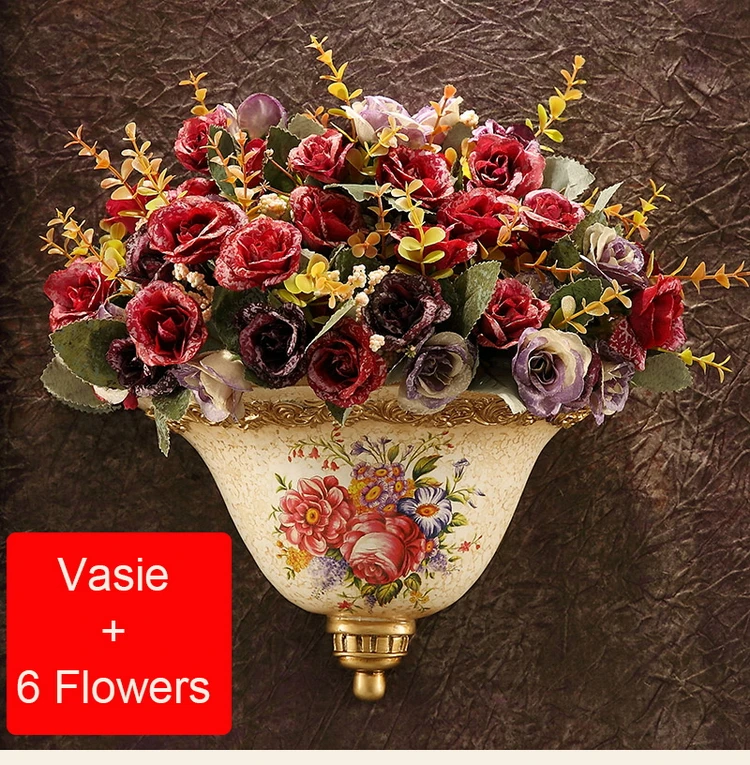 6 букетов роз Искусственные цветы и 1 шт. настенная ваза для цветов Домашнее Настенное подвесное украшение для ваз Современный Свадебный декор