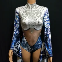 Ретро Синий Белый боди костюмы для бара сексуальный лайкра Стразы ночной клуб певец Джаз танцевальный костюм для сцены комбинезон DJ415