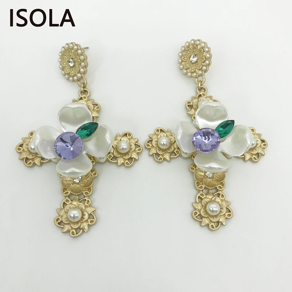 

ISOLA Classic Simulated Pearl Settled With Shell Flower And Rhinestone Statement Baroque Earrings For Opera Actor Jewelry