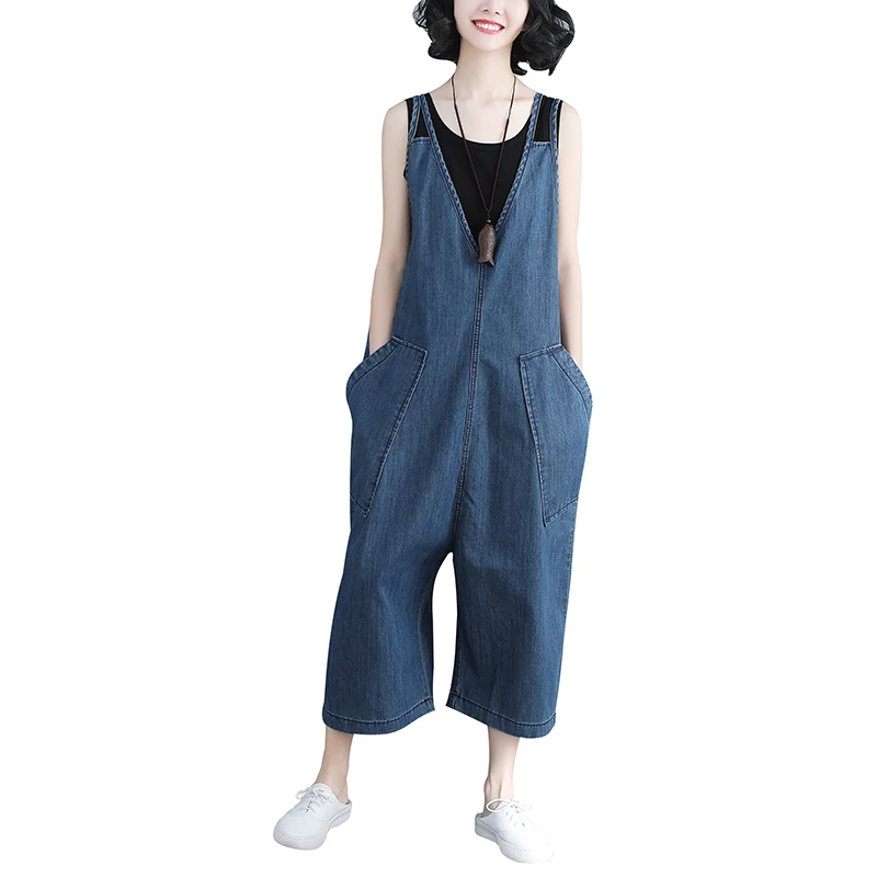 4025 Spring Autumn V-neck Sleeveless Woman Jean Jumpsuit Solid Loose Overalls Ladise Fashion Wide Leg Big Size Jumpsuit Lady