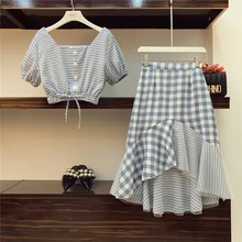 Настоящий Французский Ретро клетчатый костюм женский темперамент квадратный воротник нестандартное платье с юбкой-годе юбка костюм