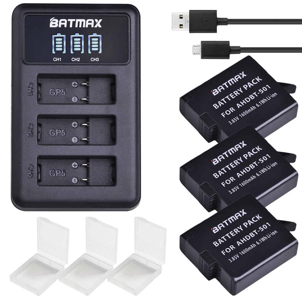 Günstige Batmax 3 stücke für Gopro 7 AHDBT 501 Batterie + LED USB 3Slots Ladegerät mit Typ C port für Gopro 5 gopro 6 Gopro8 Action Kamera