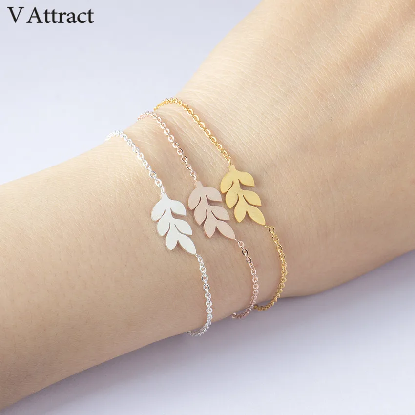 V Attract Minimalistic Plant Jewelry Stainless Steel Chian Simple Leaf Bracelet For Women Rose Gold Pulsera Climbers | Украшения и
