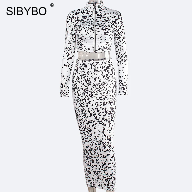 Женское длинное леопардовое платье Sibybo, обтягивющий комплект из 2 частей с длинными рукавами, повседневные длинные платья с молнией для вечеринки осенью и зимой