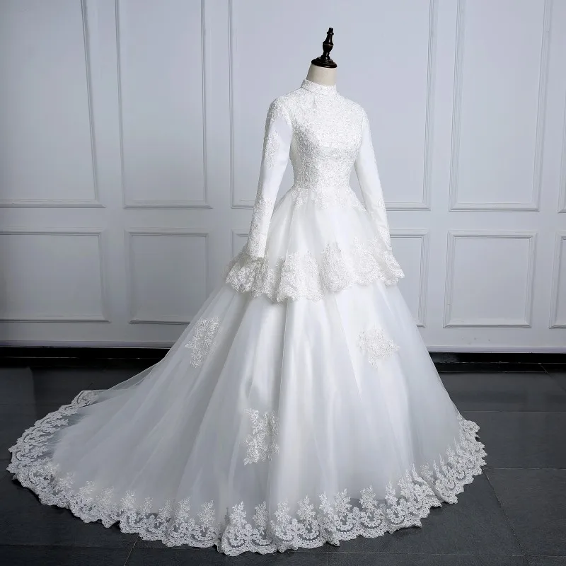 Винтаж кружевные свадебные платья Высокая шея мусульманин Свадебное платье одежда с длинным рукавом со шнуровкой сзади невесты платье