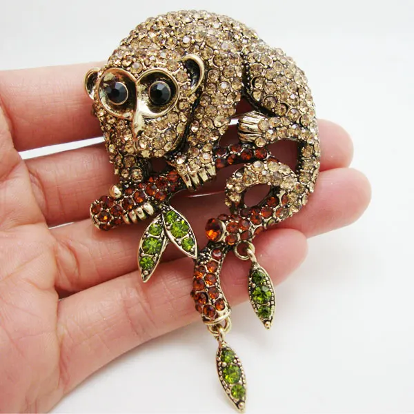 

Vintage Unique Animal Monkey Brown Rhinestone Crystal Gold Tone Brooch Pin Pendant