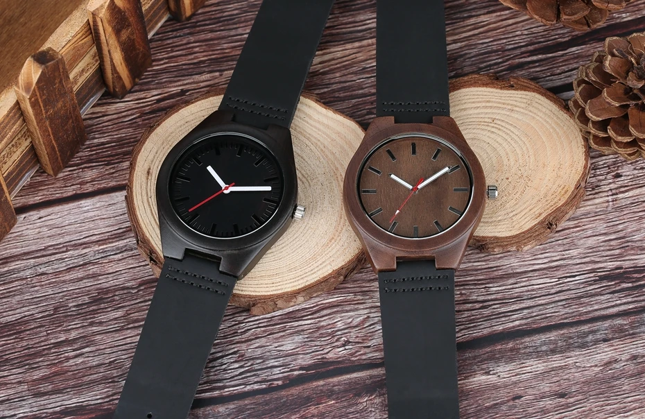 Mens Watches Wood Bamboo Minimalist Style Clock Soft Black Genuine Leather Men's Sport Casual Dress Quartz Watch Reloj de madera 2017 2018 Gifts for Men (24)