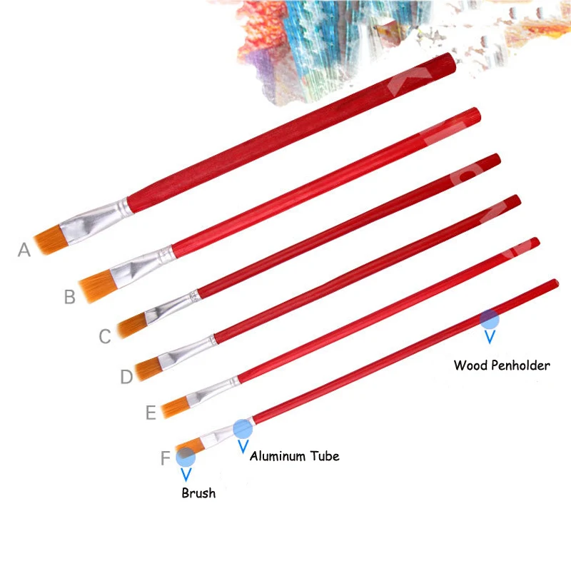 EZONE 6 шт./компл. красный живописи кисти для масляной живописи ручки стержень набор нейлоновых волосяных художественной росписи инструмент плоская кисть школьные принадлежности Papelaria