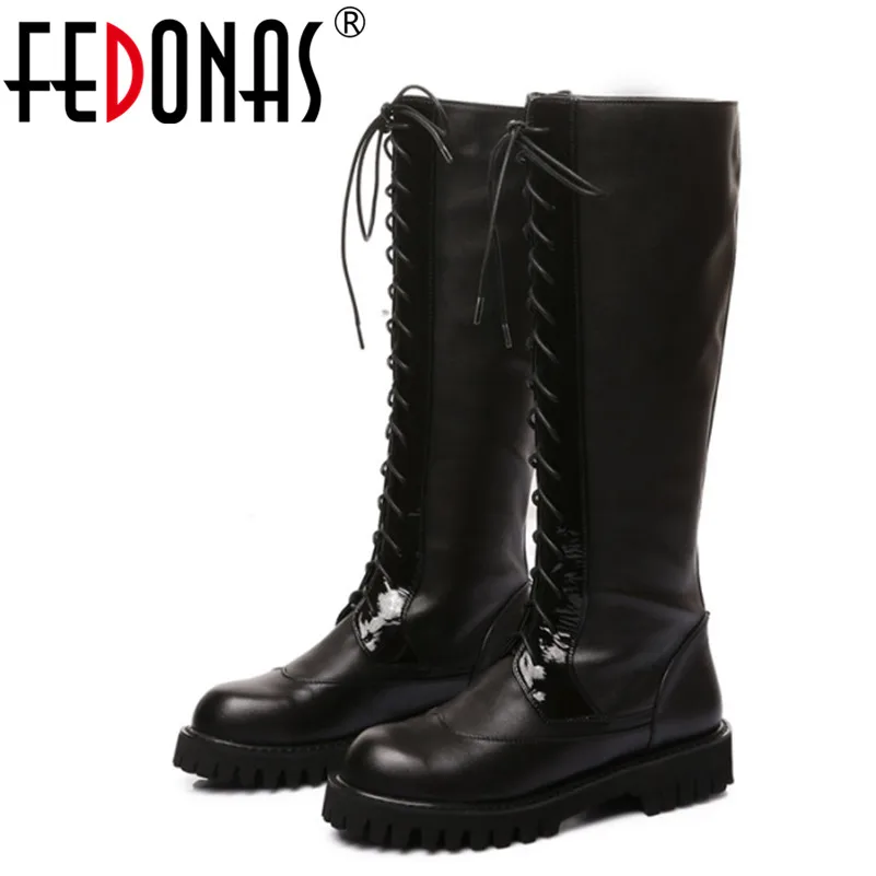 

FEDONAS Women Autumn Winter Snow Boots Genuine Leather Motorcycle Boots Knee High Boots Brand Shoes Woman Low Heels Knight Boots