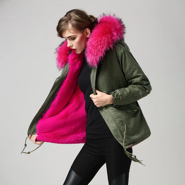 Pink fur coat for women Real raccoon fur collar Jacket 2015 casual ...