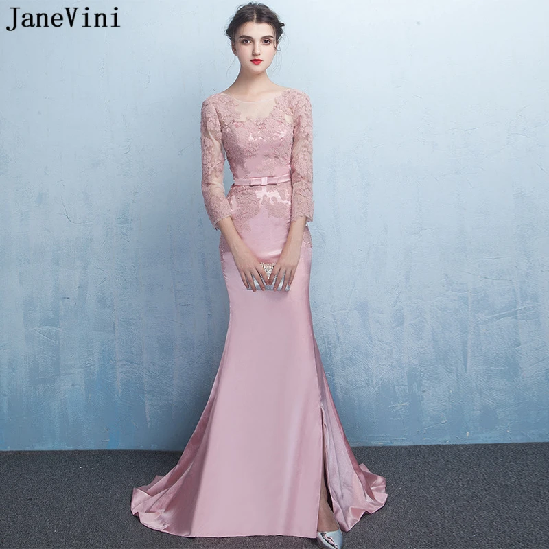 

JaneVini Elegant Mermaid Long Bridesmaid Dresses with Sleeves Scoop Neck Appliques Backless 2019 African Satin Formal Prom Gowns