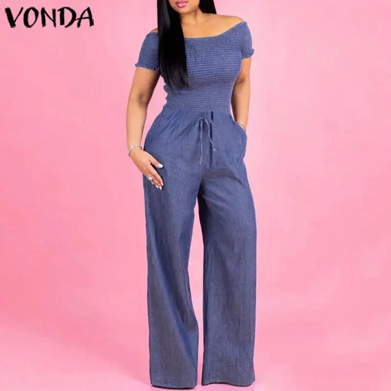 VONDA Casual Demin Rompers Women Jumpsuit Sexy Off Shoulder Playsuits Summer Bohemian Wide Leg Pants Office Overalls Plus Size