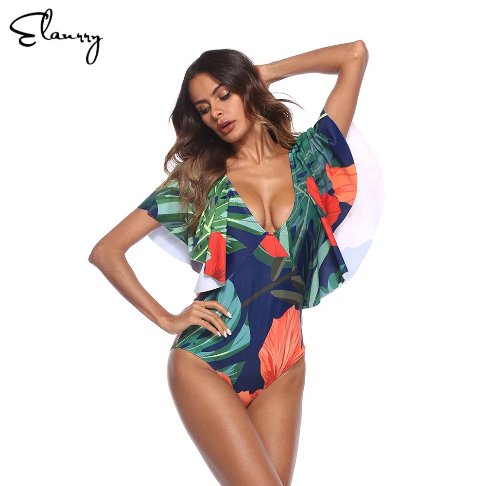 

2018 Women One Piece Swimsuit Floral Print Sexy Swimwear Fringe Vintage Monokini Deep V Push Up Bathing Suit Ladies Beach Wear