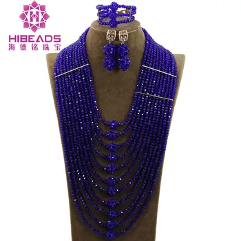 

11 Layers Nigerian Wedding African Crystal Beads Necklace Bracelet Earrings Jewelry Set Royal Blue Jewelry Free Shipping ANJ381