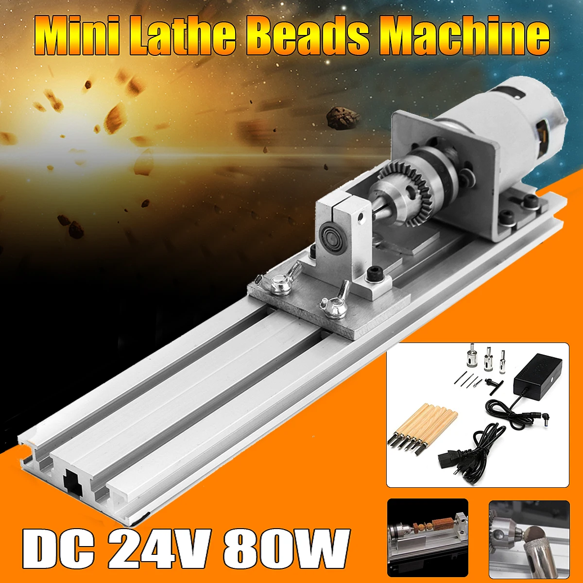 

Mini Lathe Beads Machine 80W DC 24V Woodworking DIY Lathe Engraver Set Grinder Polishing Cutting Drill Rotary Tool +Power Supply
