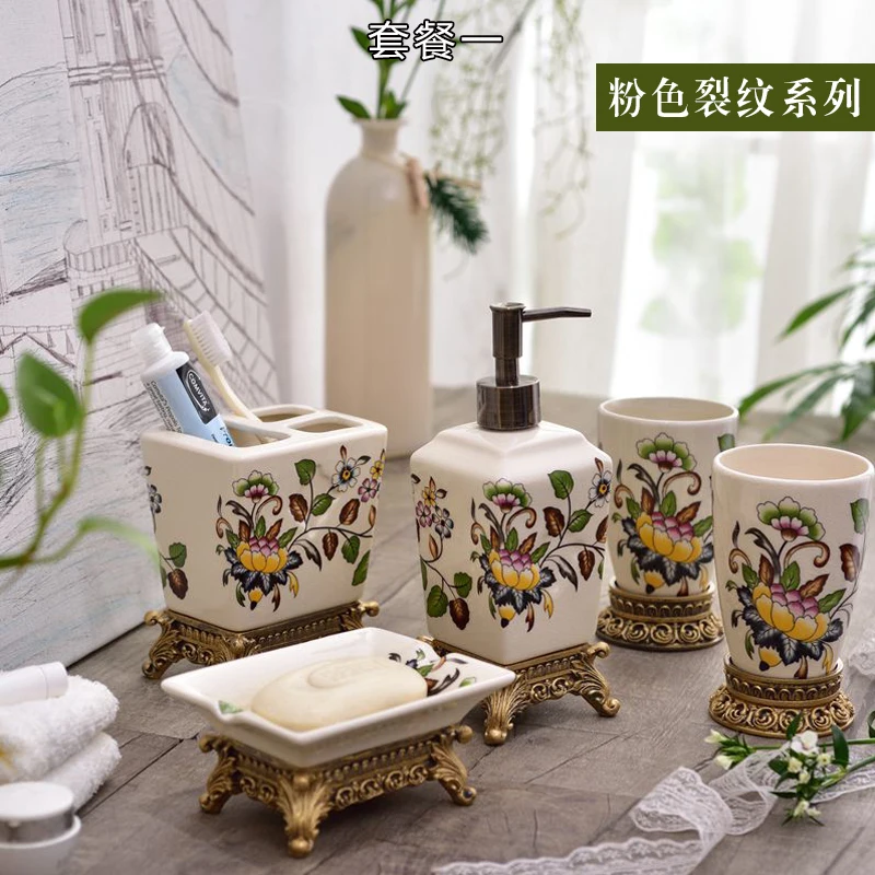 US $285.97 European ice crack ceramic five piece bathroom lovers cup toothbrush soap box frame bathroom suite