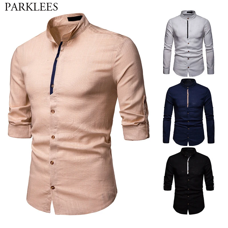 Fashion Rolled Up Cotton Linen Shirt Men 2019 New Slim Fit Long Sleeve ...