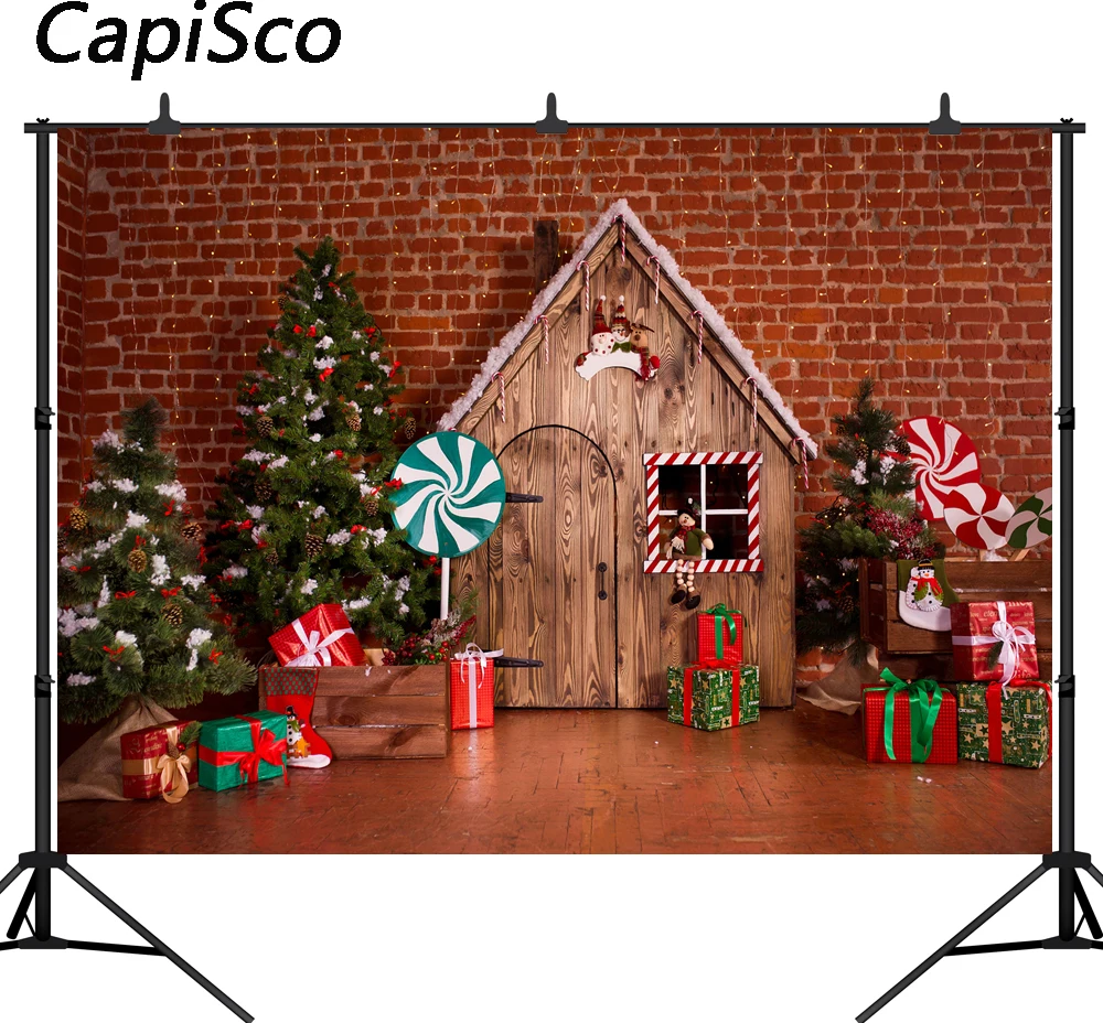 

Capisco Christmas Photography Background Tree Gifts Toy Wood House red brick wall Children Backdrops for Photo Studio props