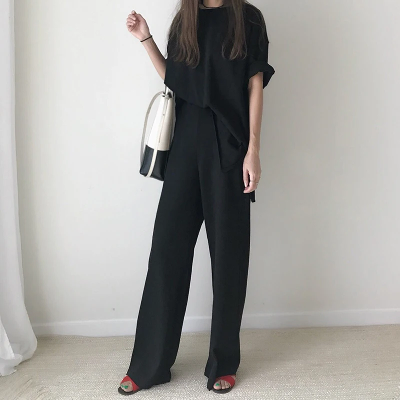 TWOTWINSTYLE Casual T-shirt Trouser Women Two Piece Set Short Sleeve Loose T-shirts High Waist Wide Leg Pants Suits 2019 Summer