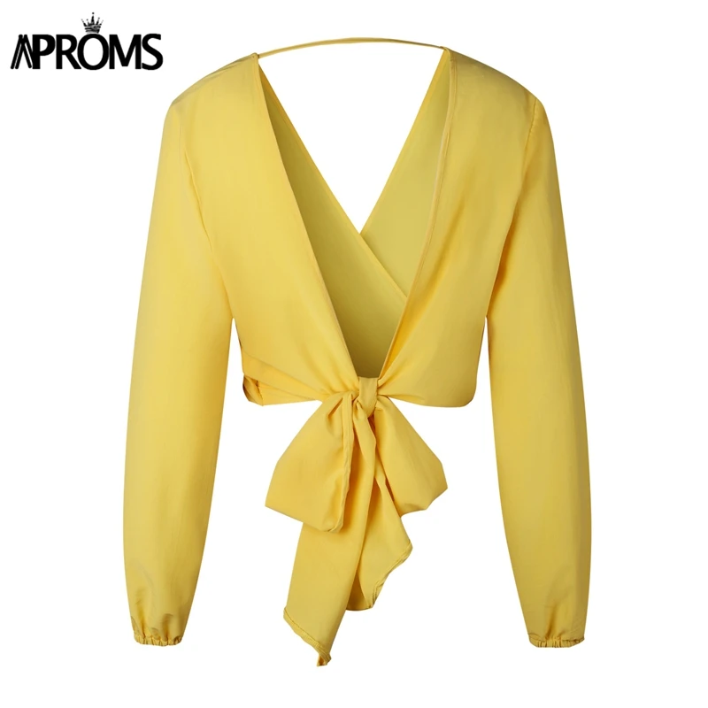 Aproms Deep V Neck Chiffon Blouse Women Sexy Backless Bow Tie Loose Tops Female Shirt Elegant Streetwear Summer Crop Top Blusas