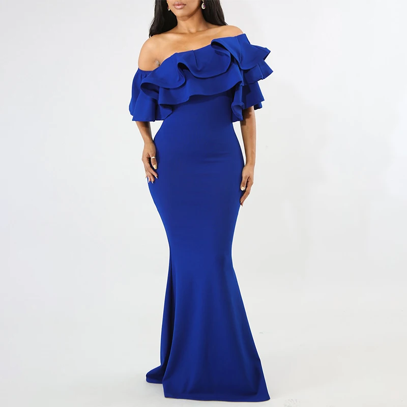 

Women Party Mermaid Bodycon Dress Off Shoulder Ruffles Backless Summer Blue Elegant Robe Evening Ladies Black Sexy Maxi Dresses