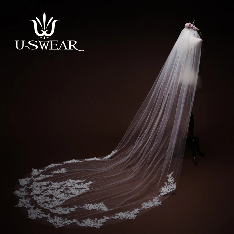 U-SWEAR 2018 Новое поступление фаты белый мягкий цветок кружева аппликация Фата для свадебное платье один Слои собор покрывалами