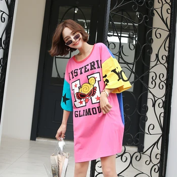 

Summer short-sleeved dress female 2019 women's new short-sleeved color stitching cartoon print loose casual T-shirt