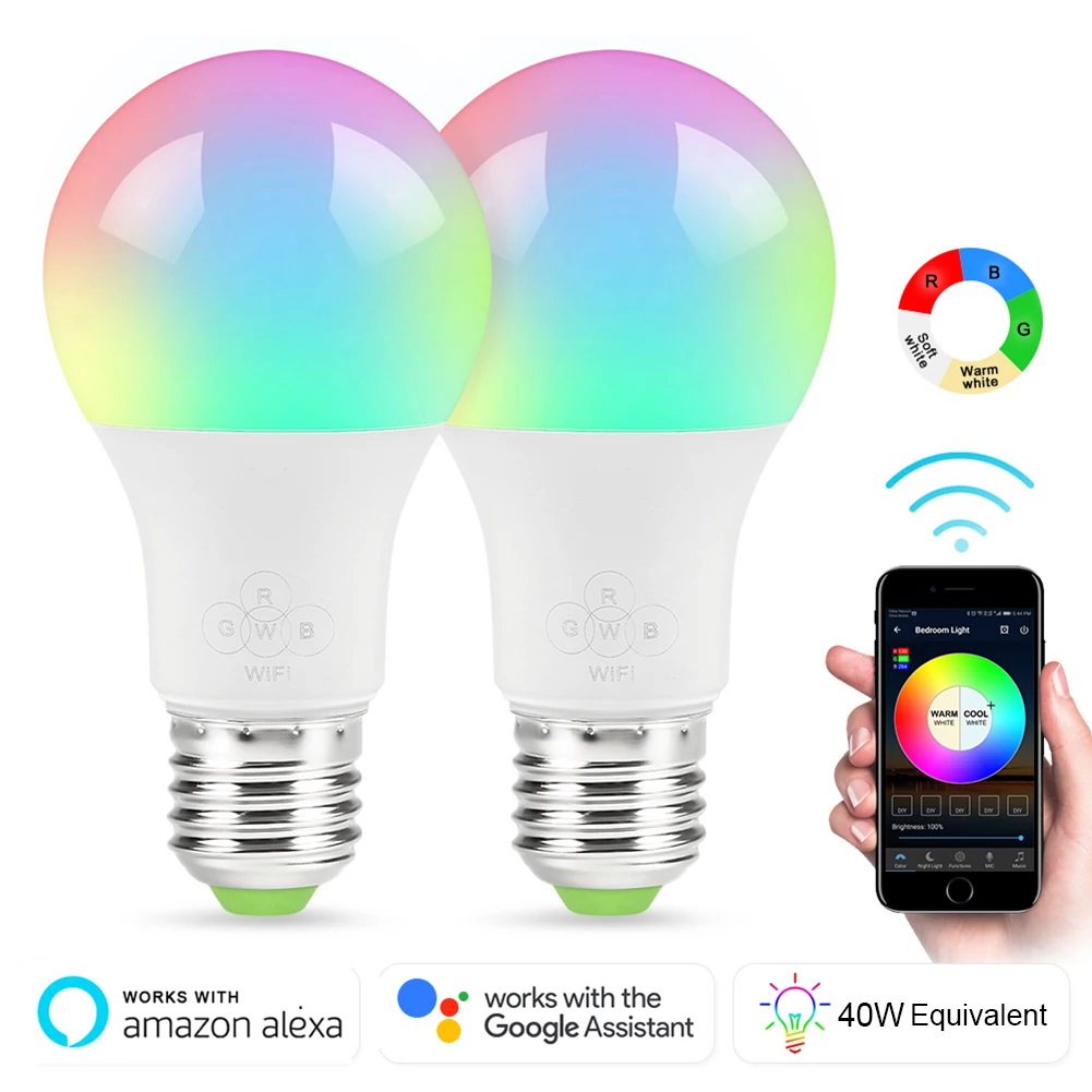 Умная лампа E27 с Wi Fi приглушаемая LED лампочка 7 Вт работает Alexa Google Home разноцветные