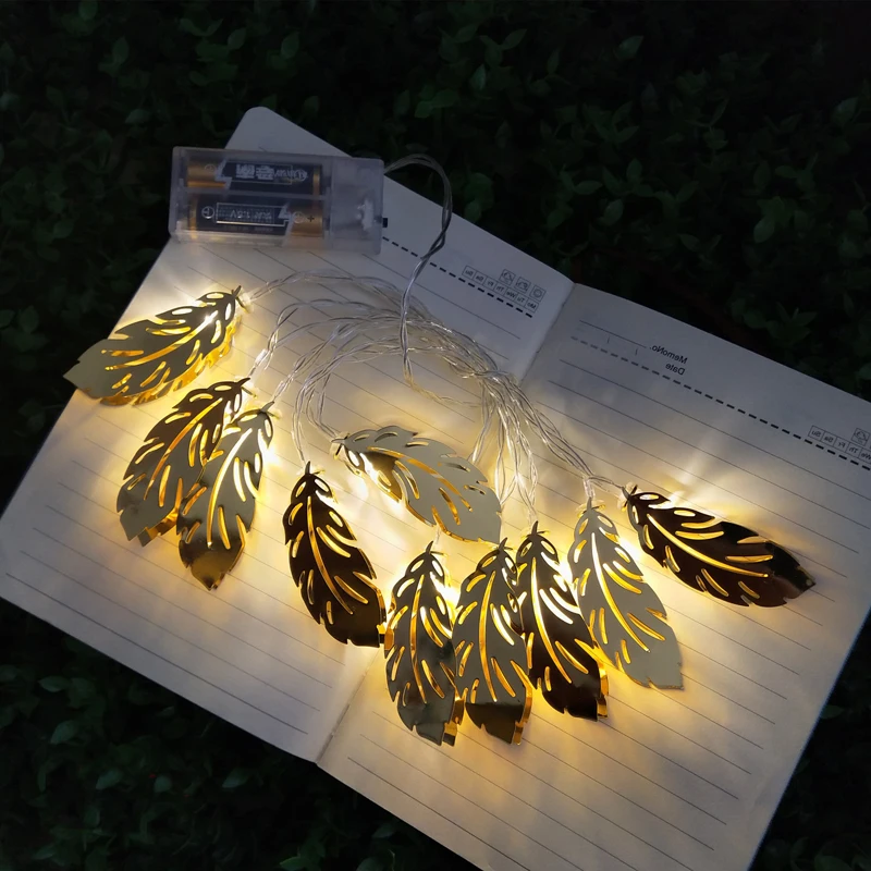 1,5 м Праздничная Вечеринка светодиодный светящаяся гирлянда золотые перья листья вечерние украшения для дома DIY