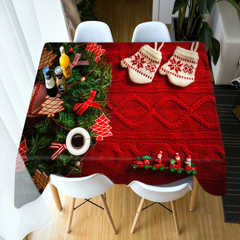 

3D Tablecloth Red Christmas Tree Theme Dustproof Thicken Cotton Rectangular/Round Table Cloth for Wedding