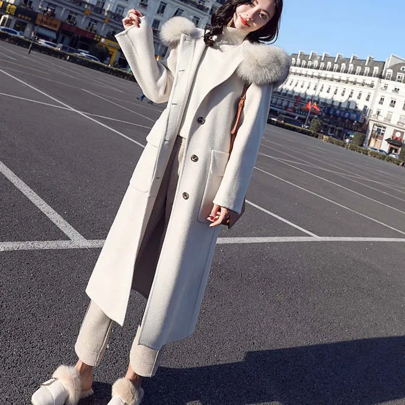 Большие размеры Элегантное длинное шерстяное пальто с большим меховым воротником для женщин зимняя Офисная Женская одежда женский утепленный теплый бежевый Свободный плащ пальто - Цвет: Бежевый
