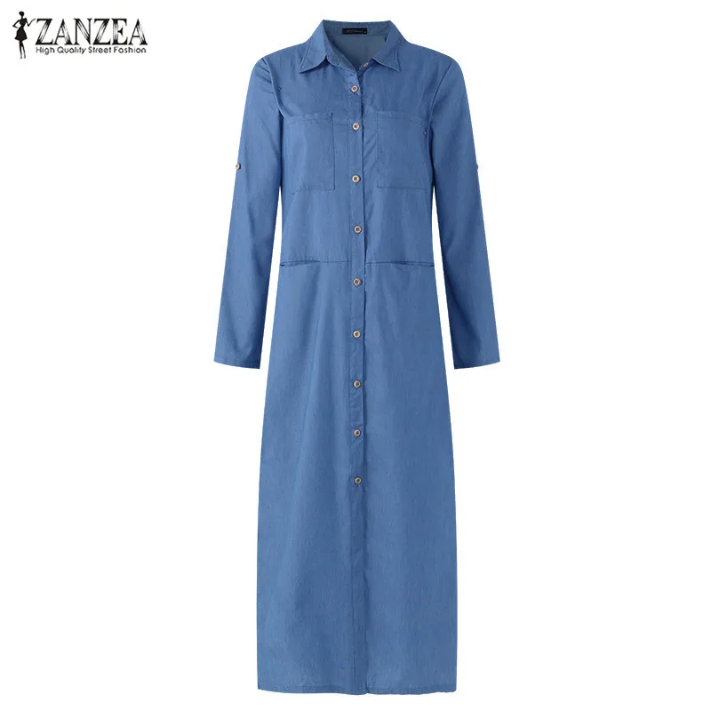Женское джинсовое платье ZANZEA, большие размеры, сарафан, платье-рубашка, весна, на пуговицах, макси, Vestidos, женские джинсы с разрезом, элегантное платье - Цвет: Light Blue